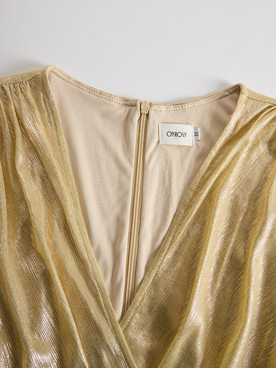 Chic and Sophisticated V-neck Tassel Champagne Shimmering Maxi Dress