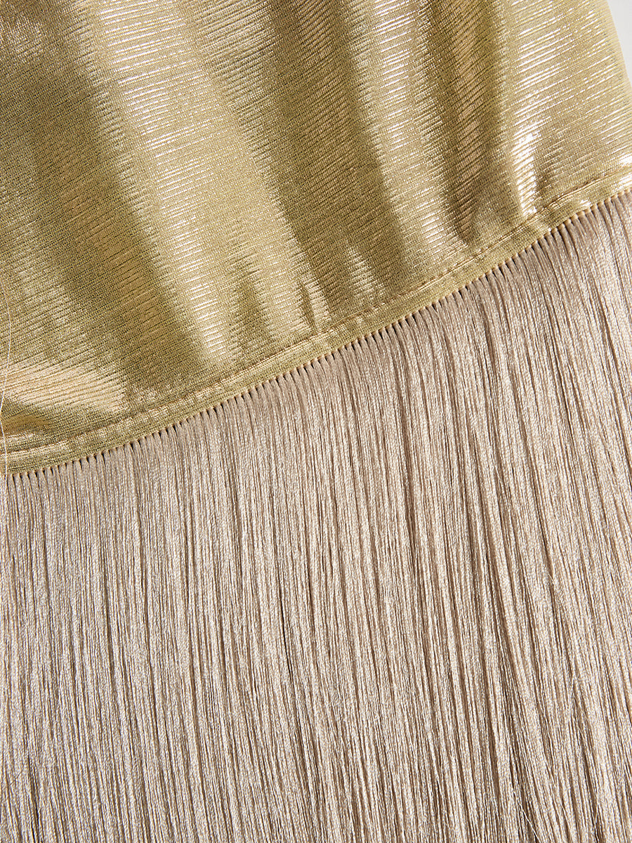 Chic and Sophisticated V-neck Tassel Champagne Shimmering Maxi Dress