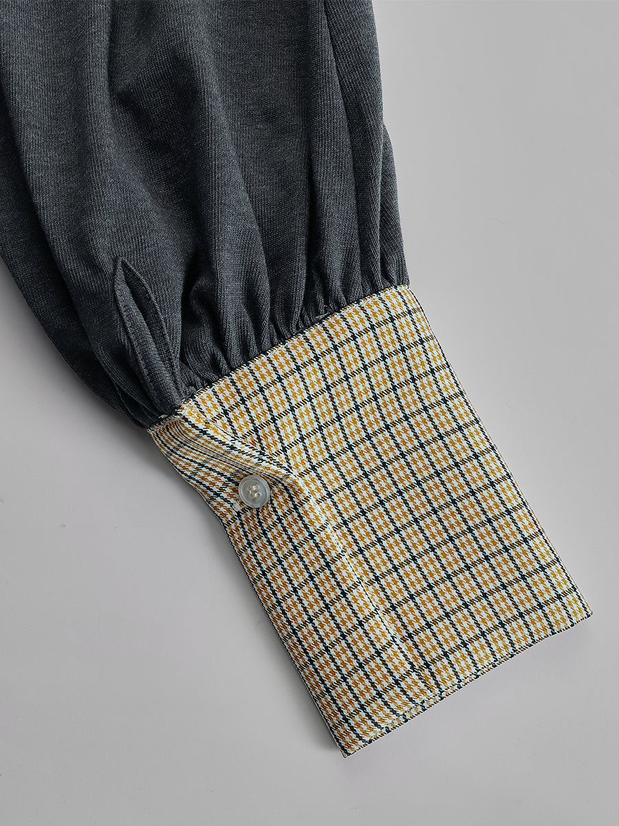 Casual Sporty Plaid Trim Grey Washed Cotton Sweatshirt Mini Dress