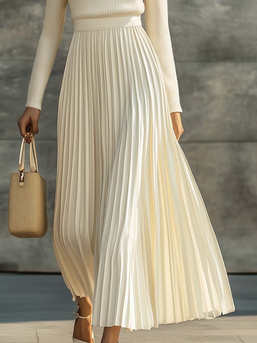 Elegant Casual and Comfortable Long-sleeved Cream Knitted Satin Pleated Hem Maxi Dress