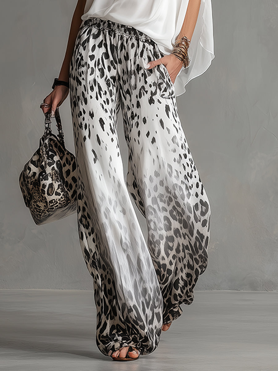 Modern And Stylish White T-shirt And Leopard Print Chiffon Trousers Set