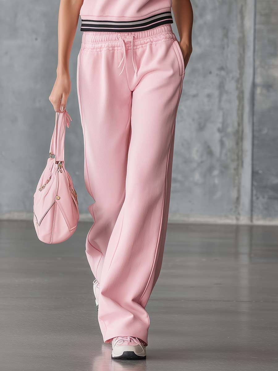 Elegant Fashion Sporty Hooded Front Zipper Short-sleeved Pink Cotton Top and Trousers Set