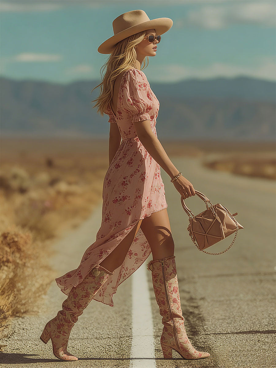 Retro Ethnic-Style Pink Floral Print Short-Sleeve V-Neck Chiffon Midi Dress