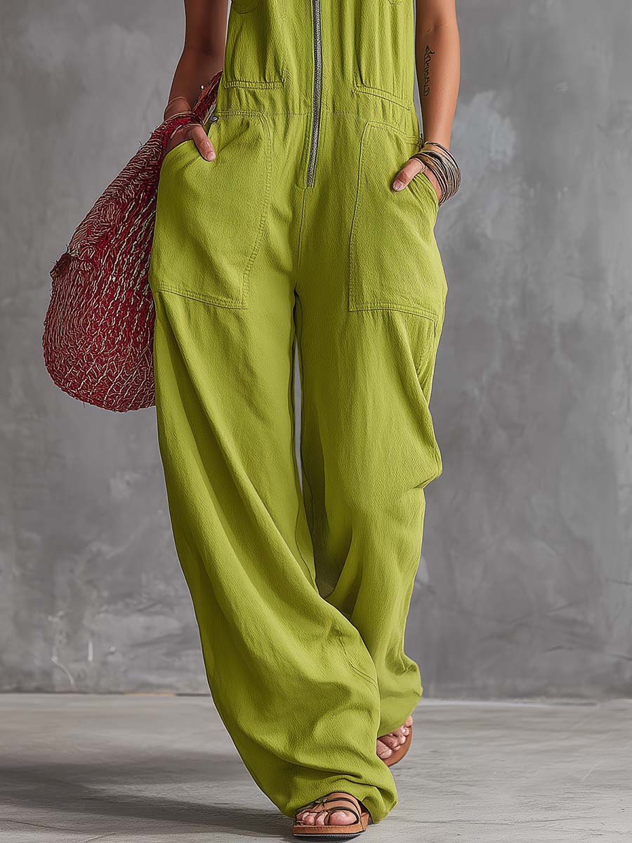 Casual Retro Western Collar Front Zipper Bright Green Cotton Linen Jumpsuit