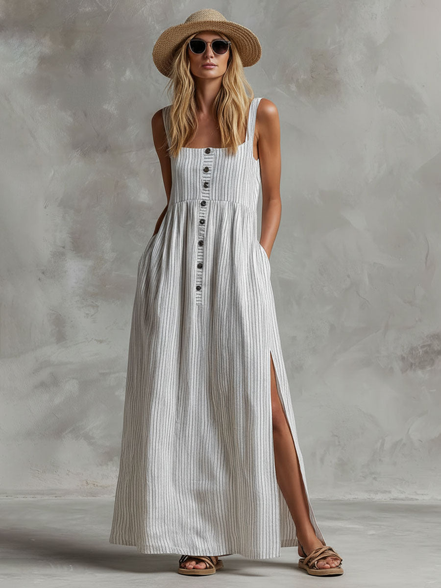 Retro Boho Square Neck Cotton Linen Striped Sleeveless Maxi Dress