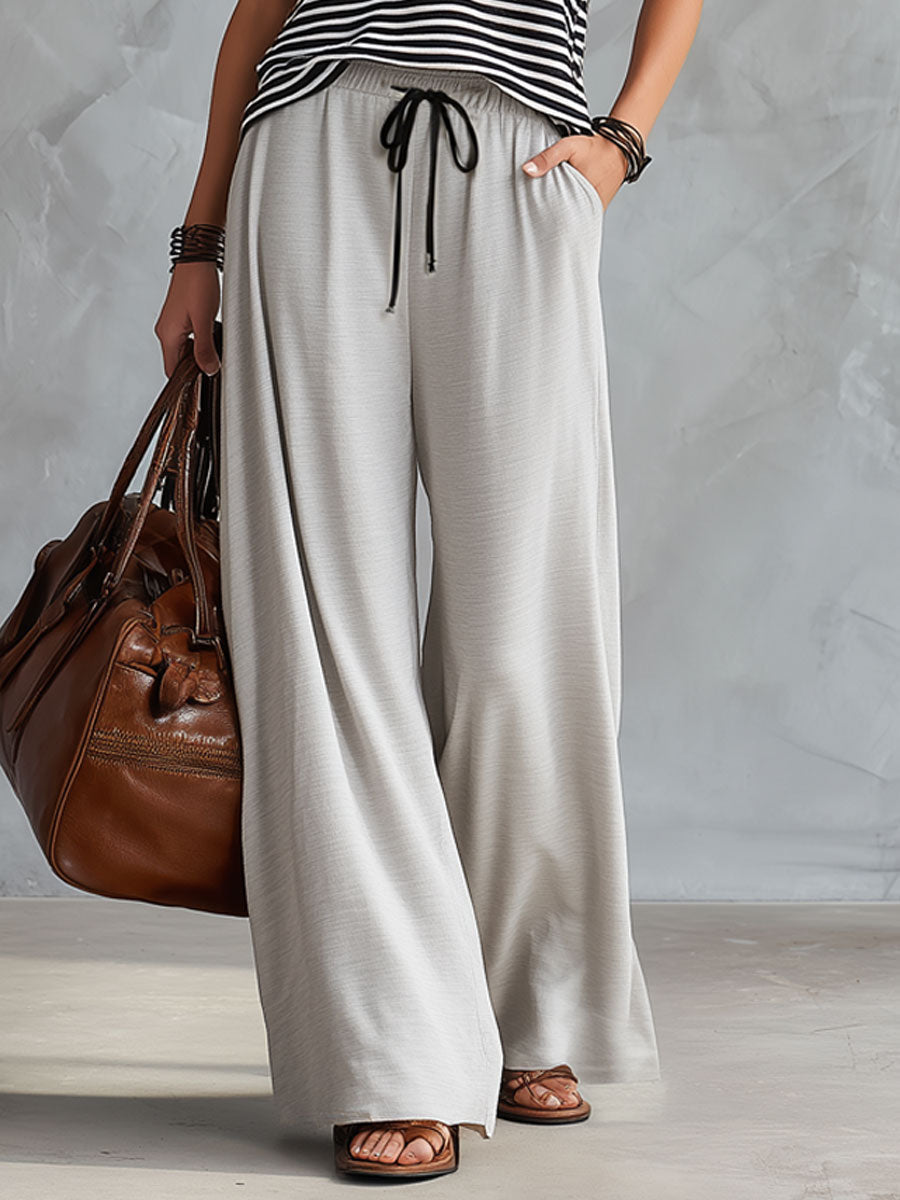 Sporty Retro Black And White Striped Half-Zip Sleeveless T-Shirt And Wide-Leg Trousers Set