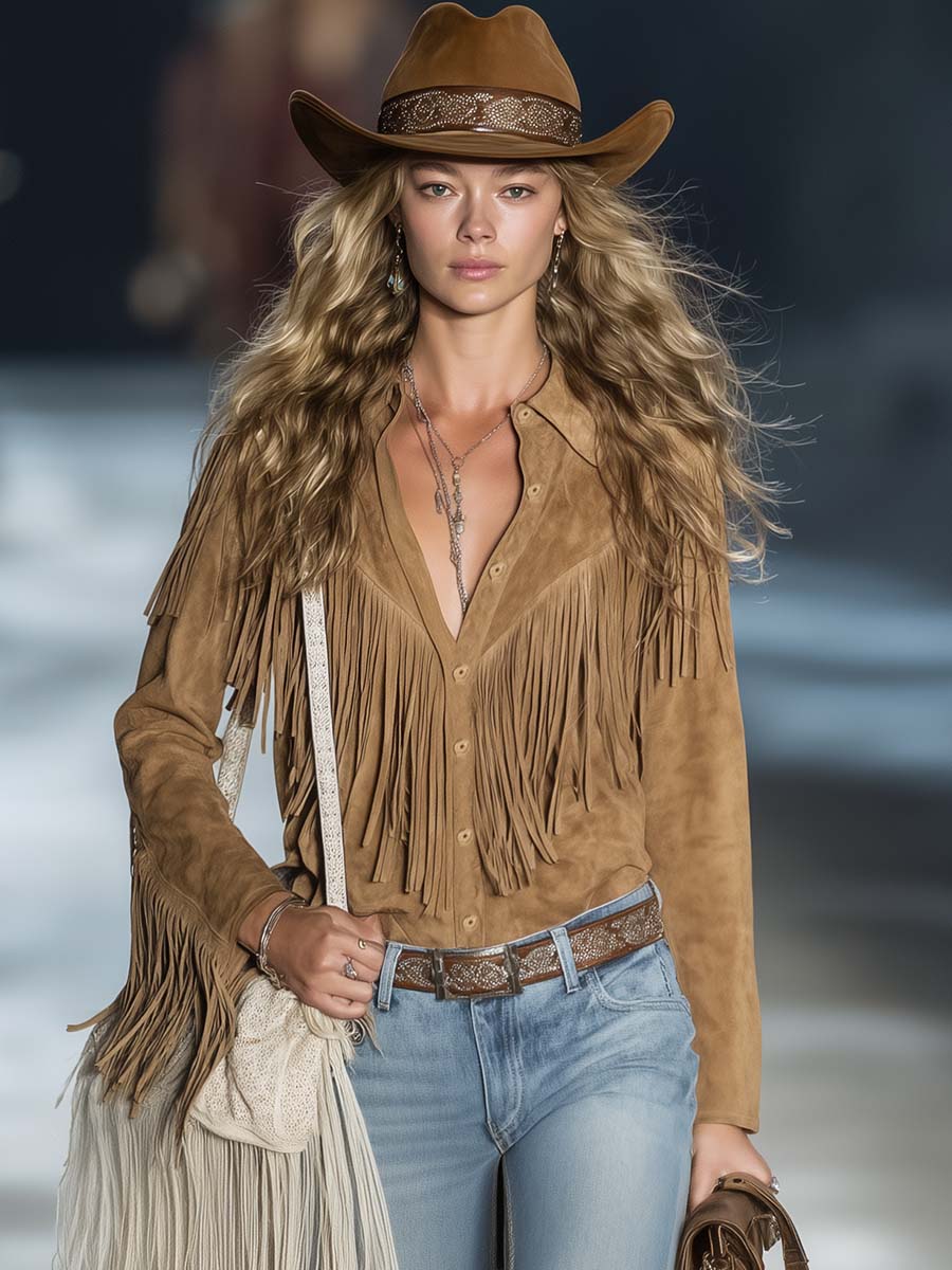 Casual Vintage Western Button Front Tassel Long Sleeve Light Brown Faux Suede Shirt Top