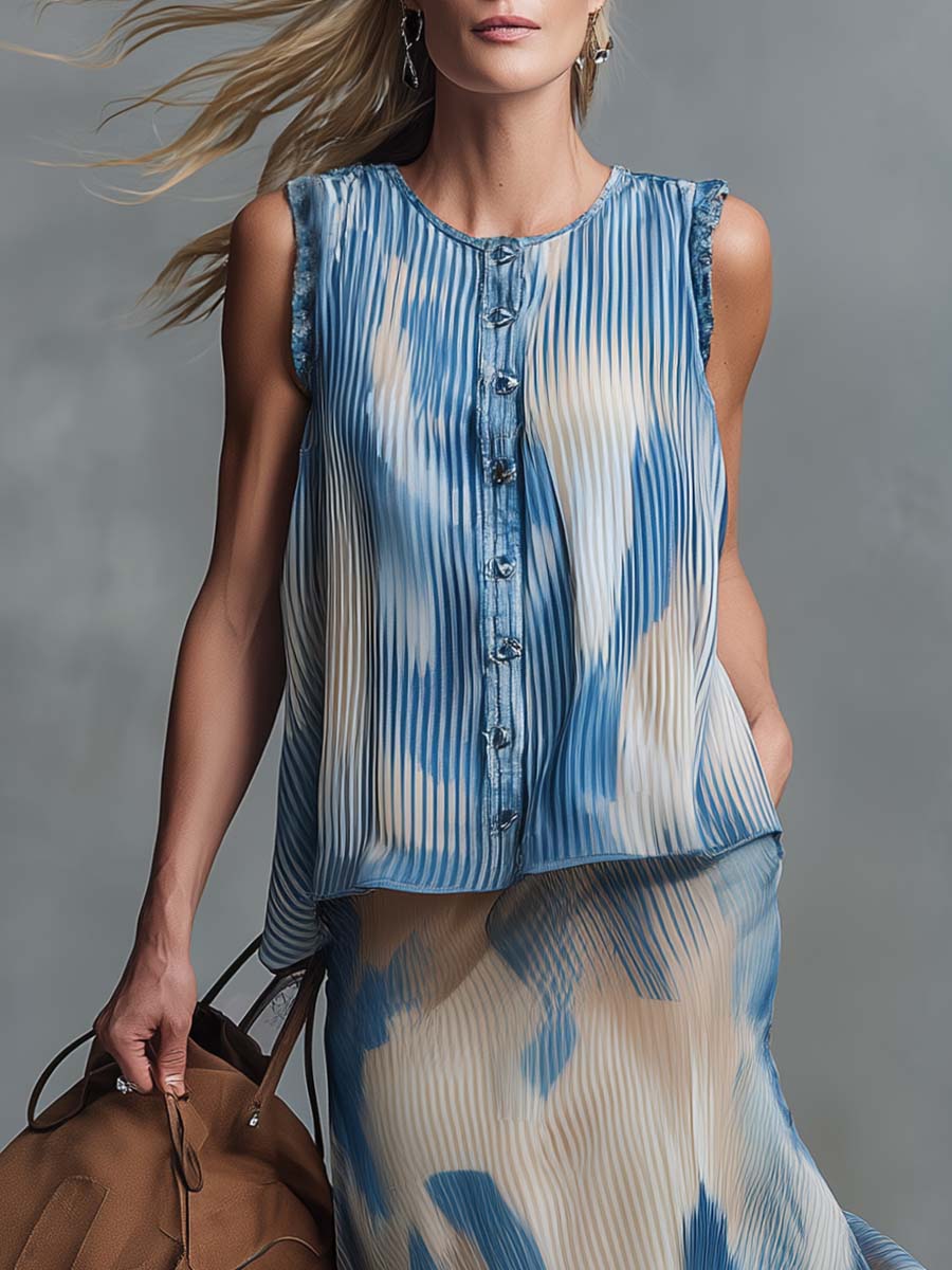 Western Retro-Print Chiffon Crew-Neck Front-Button Top and Skirt Set
