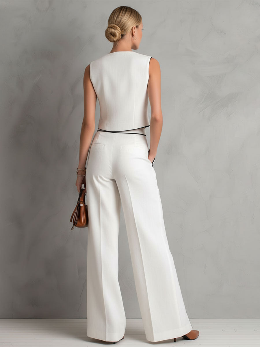 Stylish and Casual Black-trimmed White Cotton Top and Split-leg Wide-leg Trousers Set