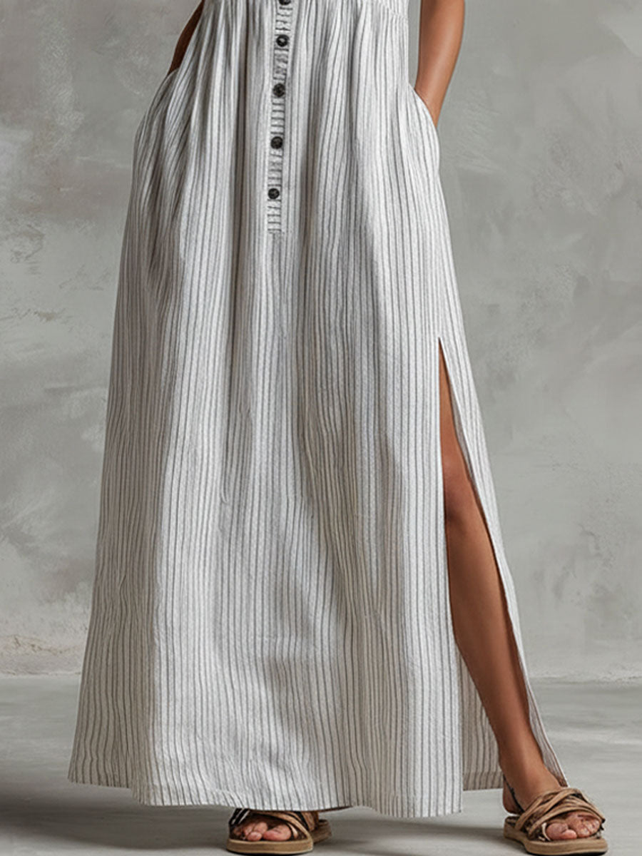 Retro Boho Square Neck Cotton Linen Striped Sleeveless Maxi Dress