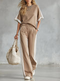 Casual Everyday Sports Striped-trim Khaki T-shirt and Trousers Set