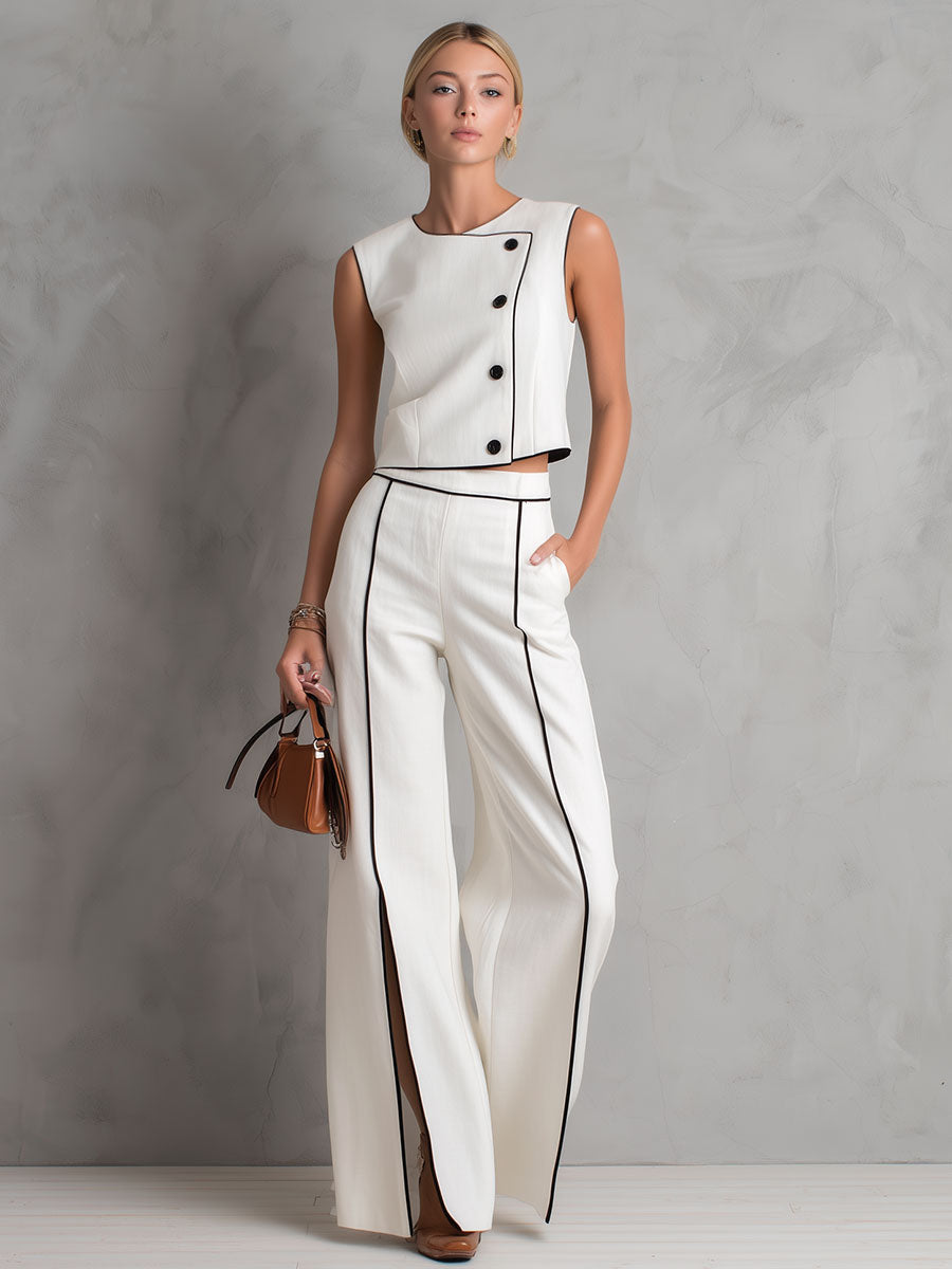 Stylish and Casual White Cotton Top with Black Trim and Split-leg Wide-leg Pants Set
