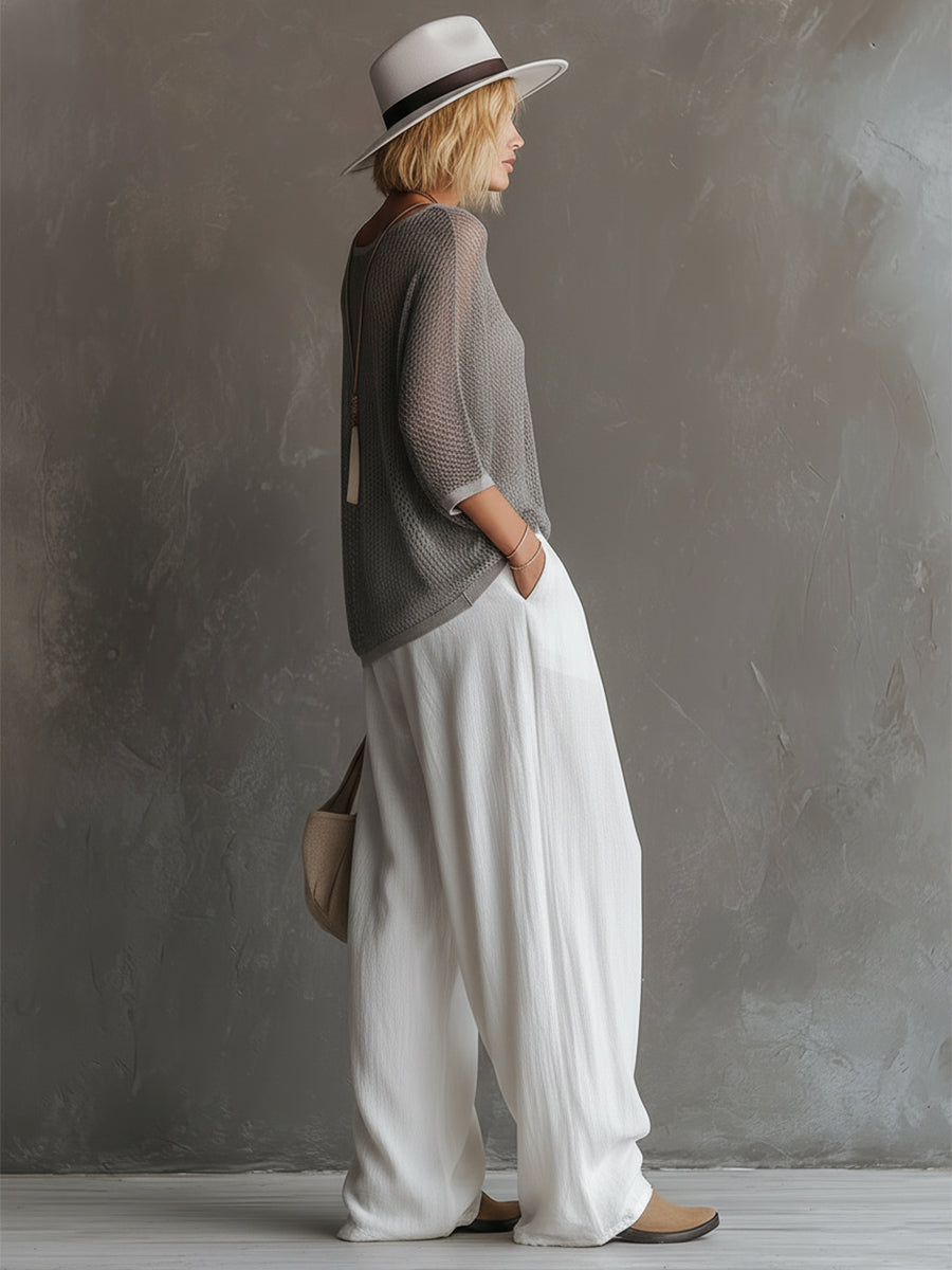 Simple Urban Grey Mesh Knit T-shirt And White Cotton Linen Wide-leg Trousers Set