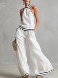 Elegant Minimalist Trimmed White Cotton Linen Halter Neck Top and Wide-leg Trousers Set