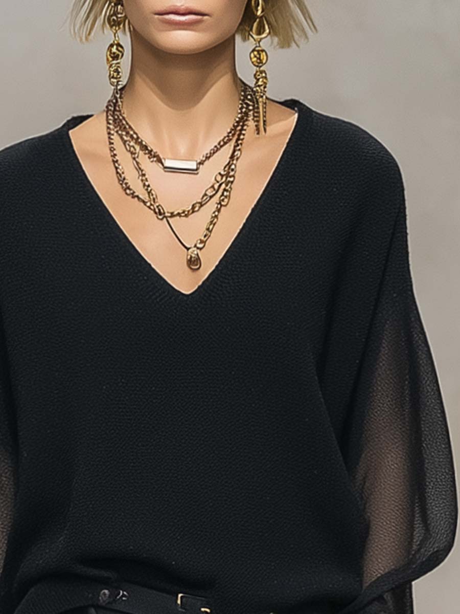 Breathable and Casual Comfortable V-neck Transparent Long-sleeved Black Knitted Blouse Top