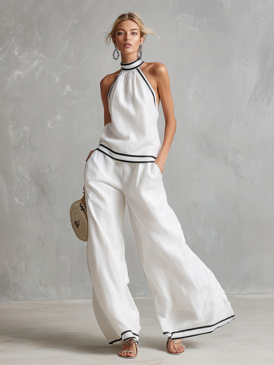 Elegant Minimalist Trimmed White Cotton Linen Halter Neck Top and Wide-leg Pants Set