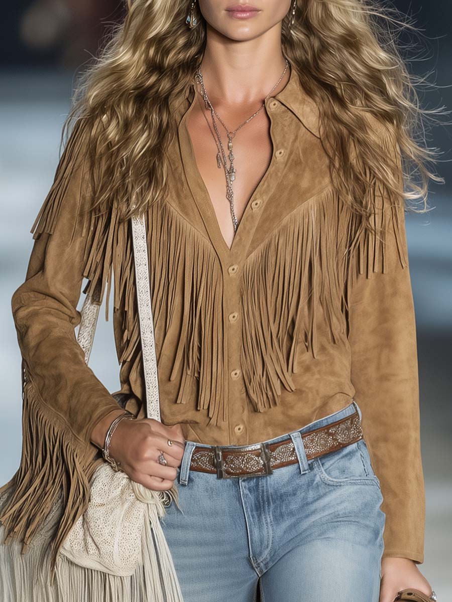 Casual Vintage Western Button Front Tassel Long Sleeve Light Brown Faux Suede Shirt Top