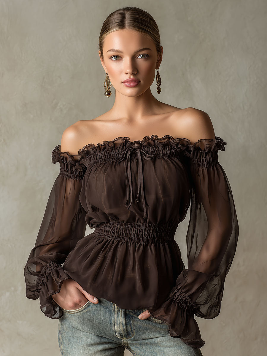 Fashionable Retro Ruffled Brown Off-Shoulder Chiffon Blouse