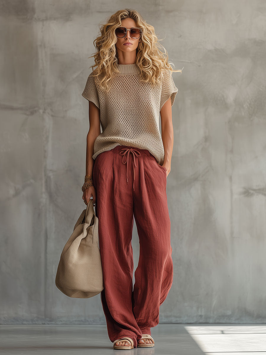 Retro Short-sleeved Knit Top and Brick Red Cotton Linen Wide-leg Trousers Set