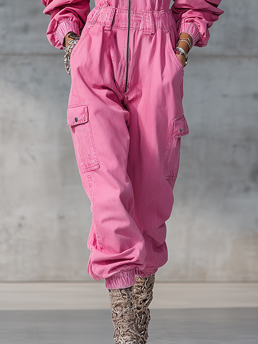 Stylish and Modern Long-sleeved Strappy Tapered Legs Pink Denim Jumpsuit