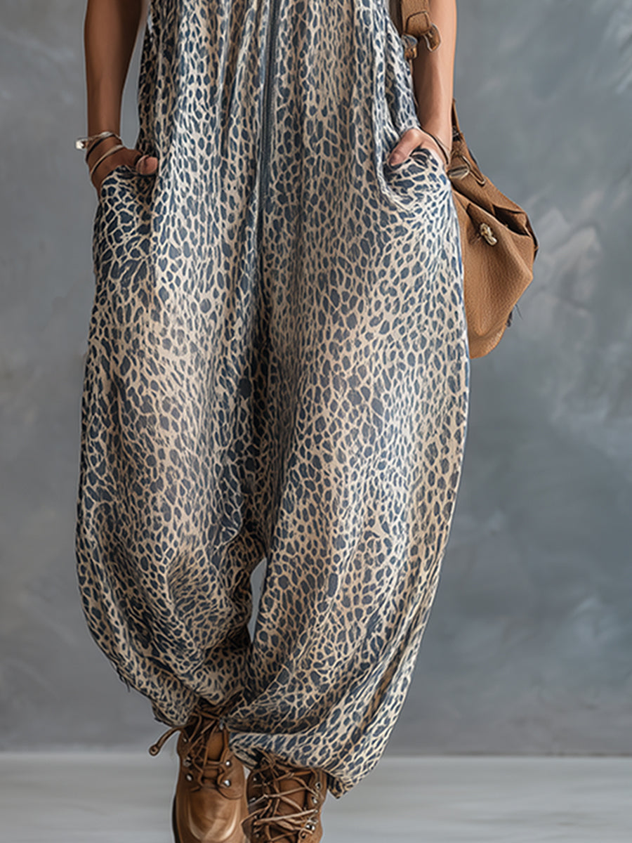 Stylish Urban Apricot-Coloured Leopard Print Hooded Chiffon Jumpsuit