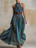 Retro Ethnic-Style Teal Abstract-Print Chiffon Sleeveless Maxi Dress