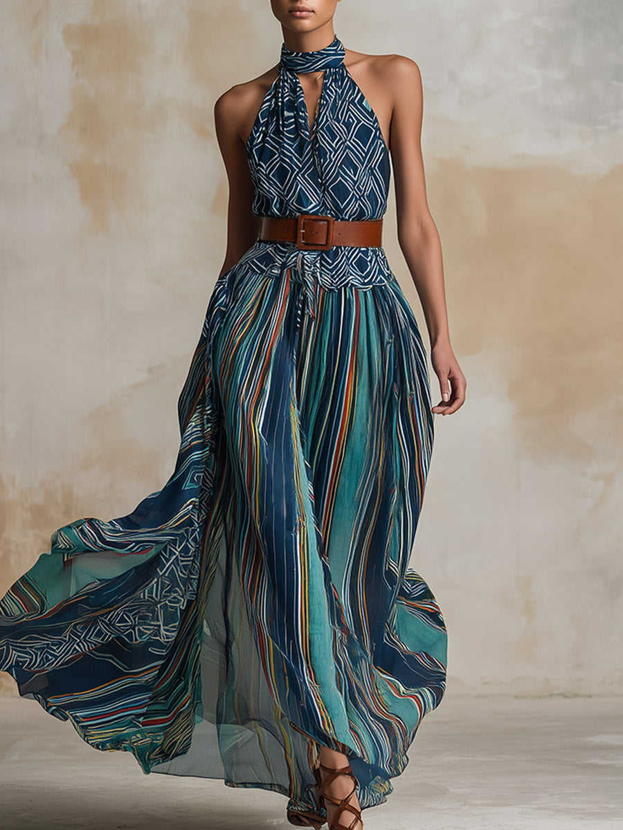 Retro Ethnic-Style Teal Abstract-Print Chiffon Sleeveless Maxi Dress