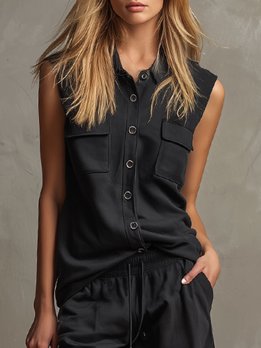 Black Collared Button-Down Sleeveless Top and Trousers Set