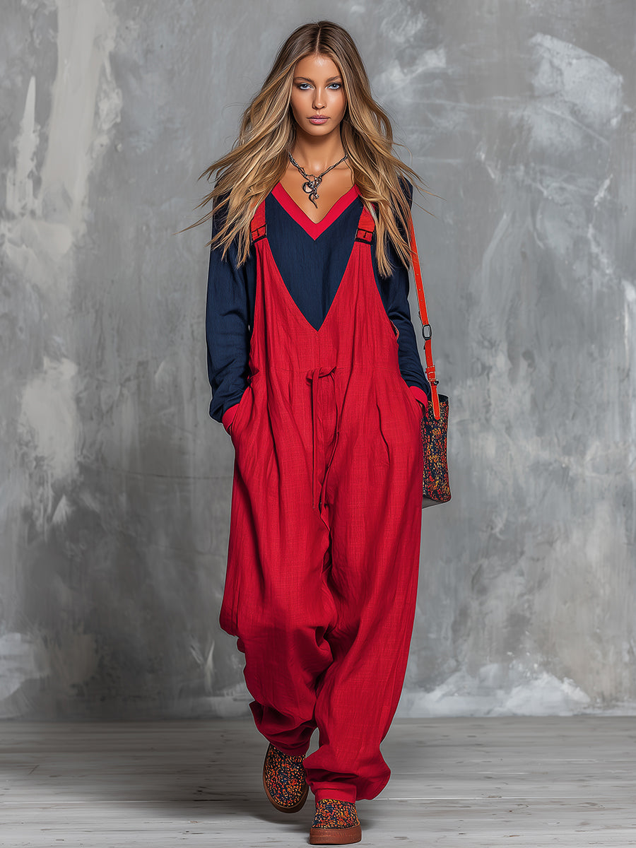 Retro Bohemian Style Colour-blocked Cotton And Linen Top And Overalls Set