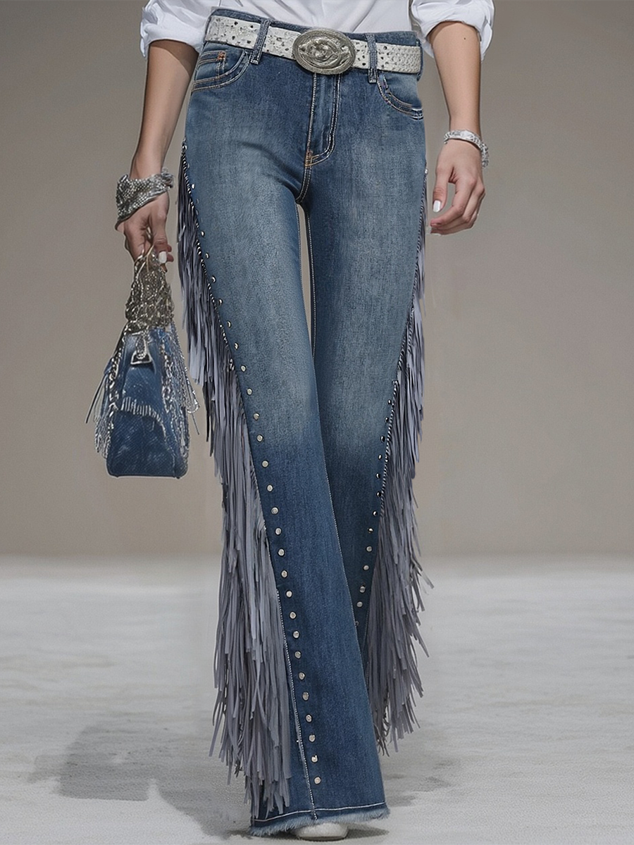 Western Blue Denim Side Tassel Rivet Flared Trousers