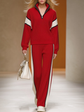 Retro Sports Style Contrast Colour Knit Top And Trousers Set