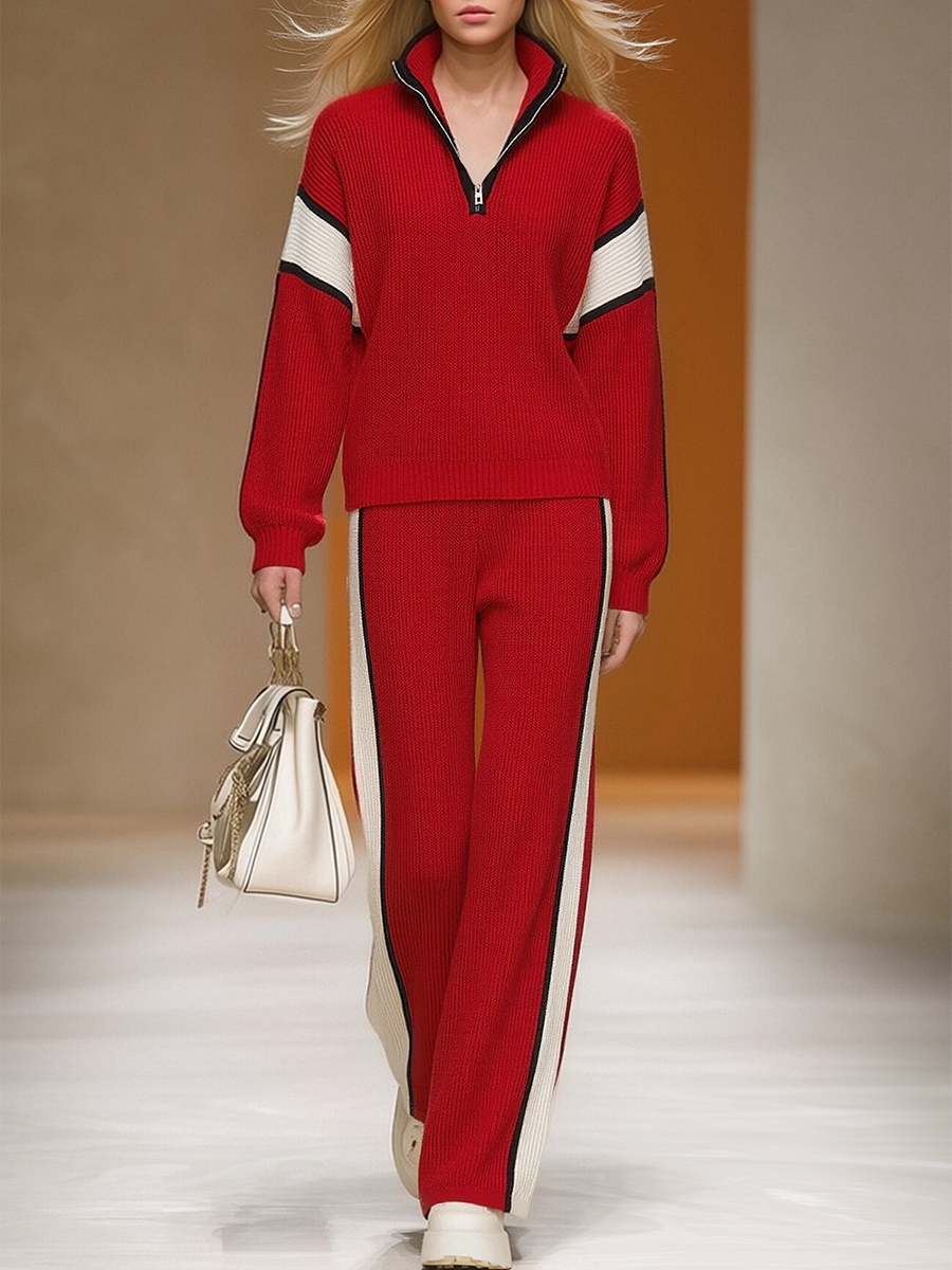 Retro Sports Style Contrast Colour Knit Top And Trousers Set