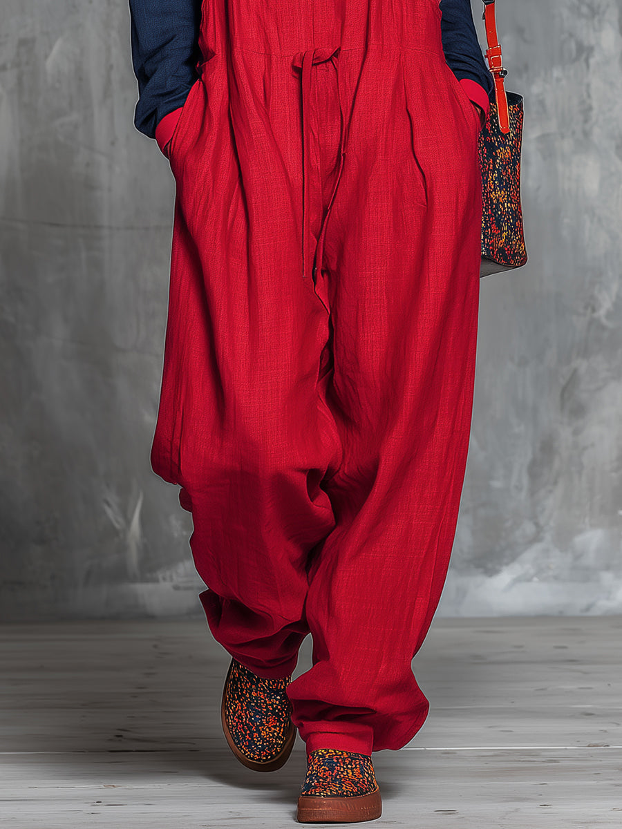 Retro Bohemian Style Colour-blocked Cotton And Linen Top And Overalls Set