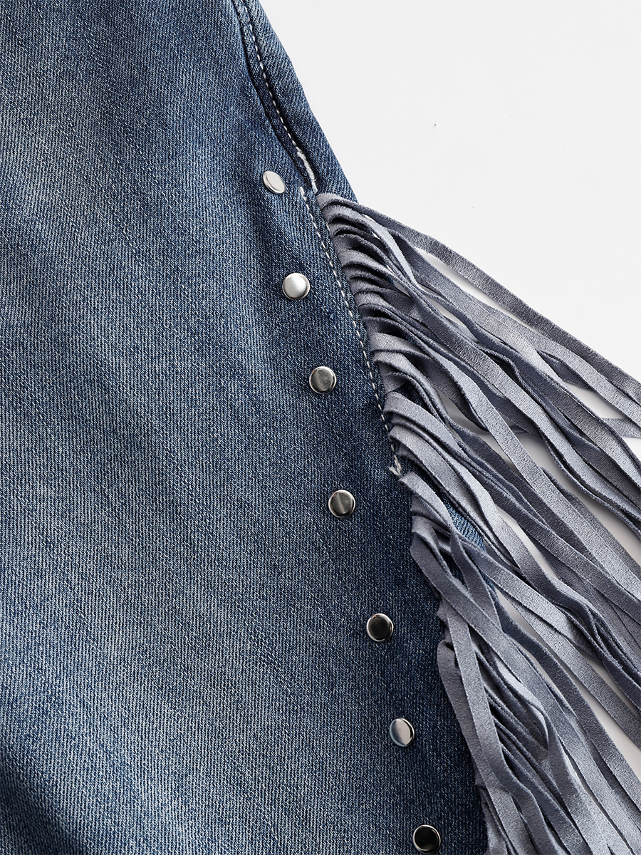 Western Blue Denim Side Tassel Rivet Flared Trousers