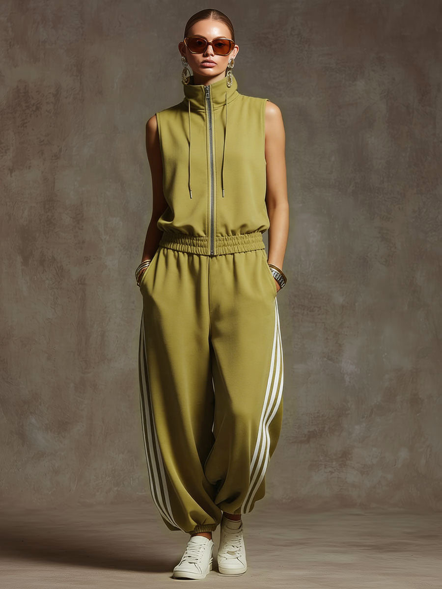 Casual Retro Sporty Yellow-Green Cotton Sleeveless Sweatshirt and Balloon Pants Set