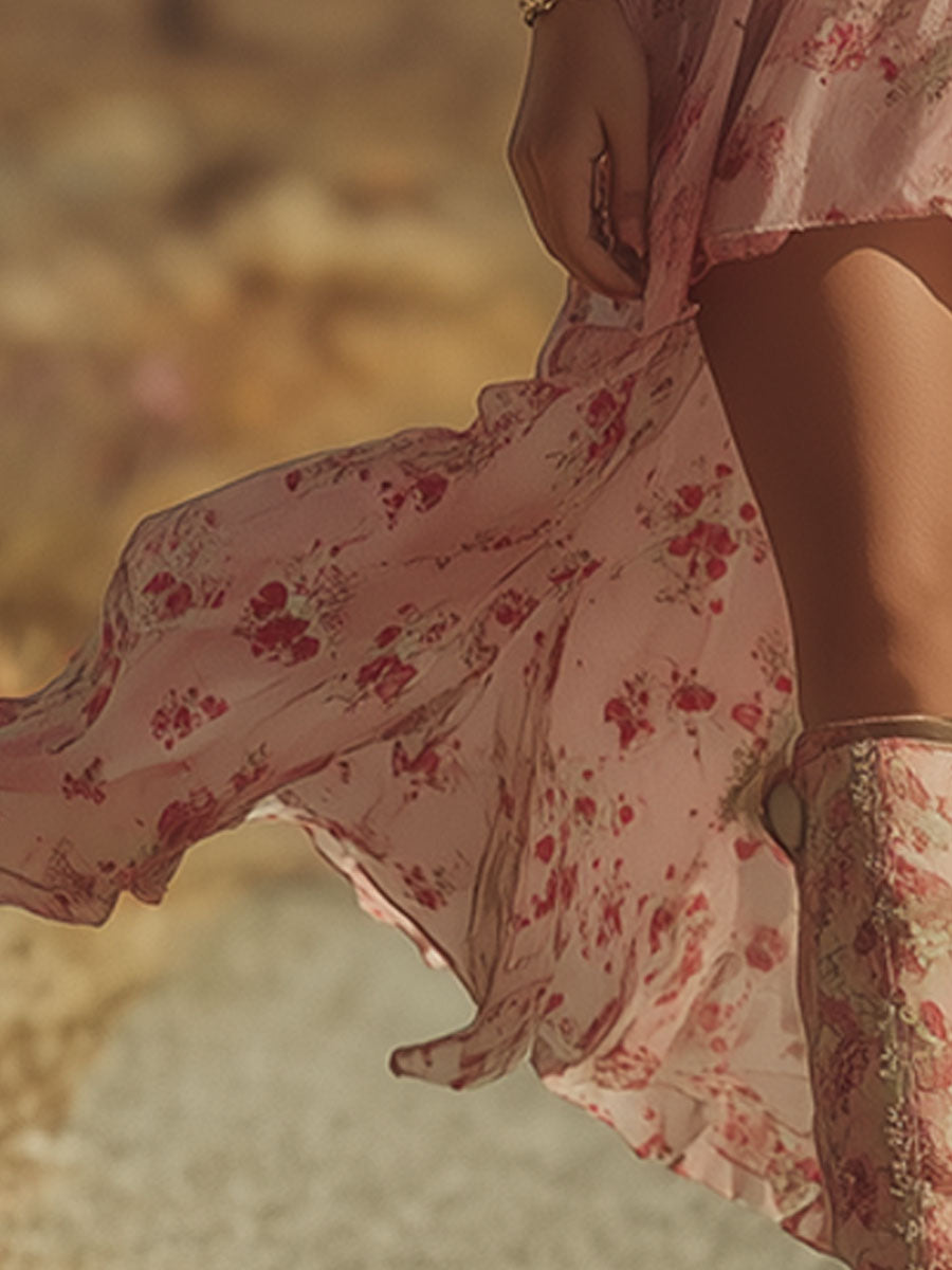 Retro Ethnic-Style Pink Floral Print Short-Sleeve V-Neck Chiffon Midi Dress