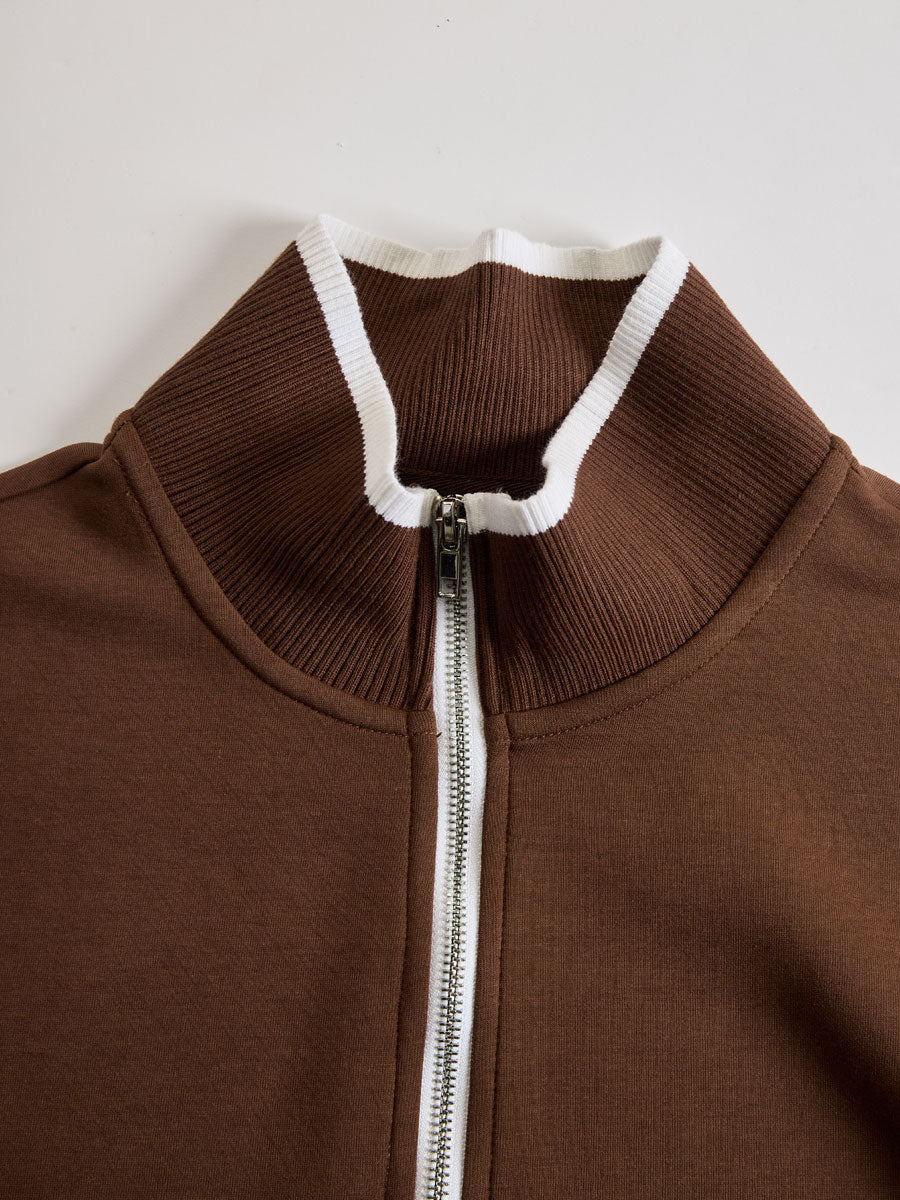 Retro Sporty Webbing Grey-White Half-Zip Sweatshirt and Wide-Leg Trousers Set