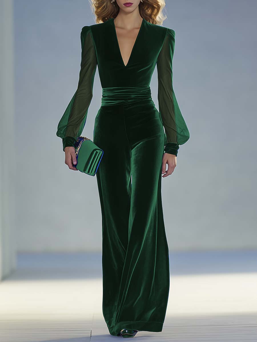 Vintage Elegant and Exquisite V-neck Mesh Long-sleeved Royal Blue Velvet Jumpsuit