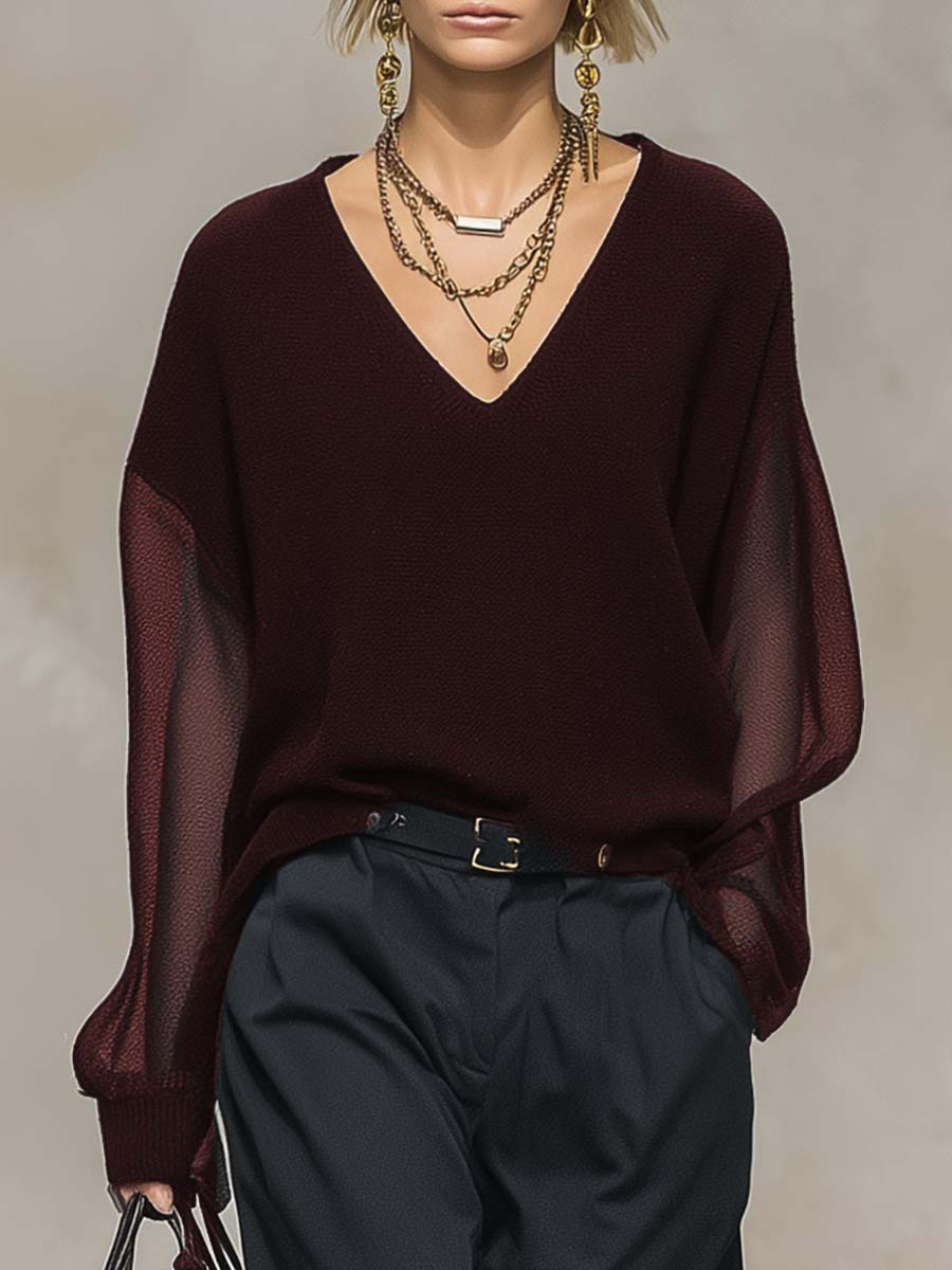 Breathable and Casual Comfortable V-neck Transparent Long-sleeved Black Knitted Blouse Top