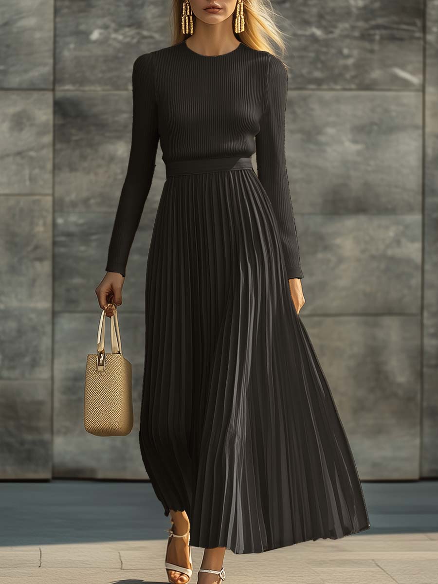 Elegant Casual and Comfortable Long-sleeved Cream Knitted Satin Pleated Hem Maxi Dress