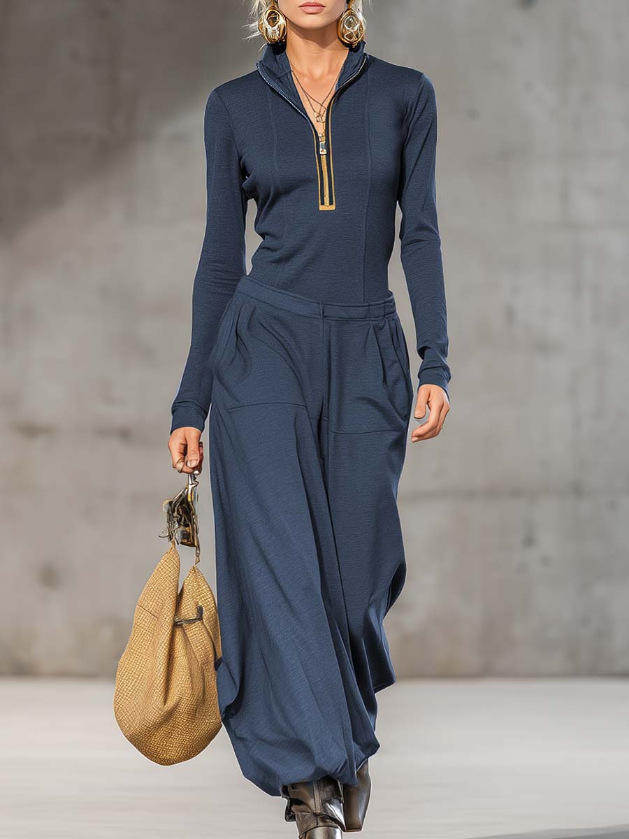 Casual Retro Sports Dark Grey Half-High Collar Front Zipper Long-Sleeved Top and Wide Pants Set