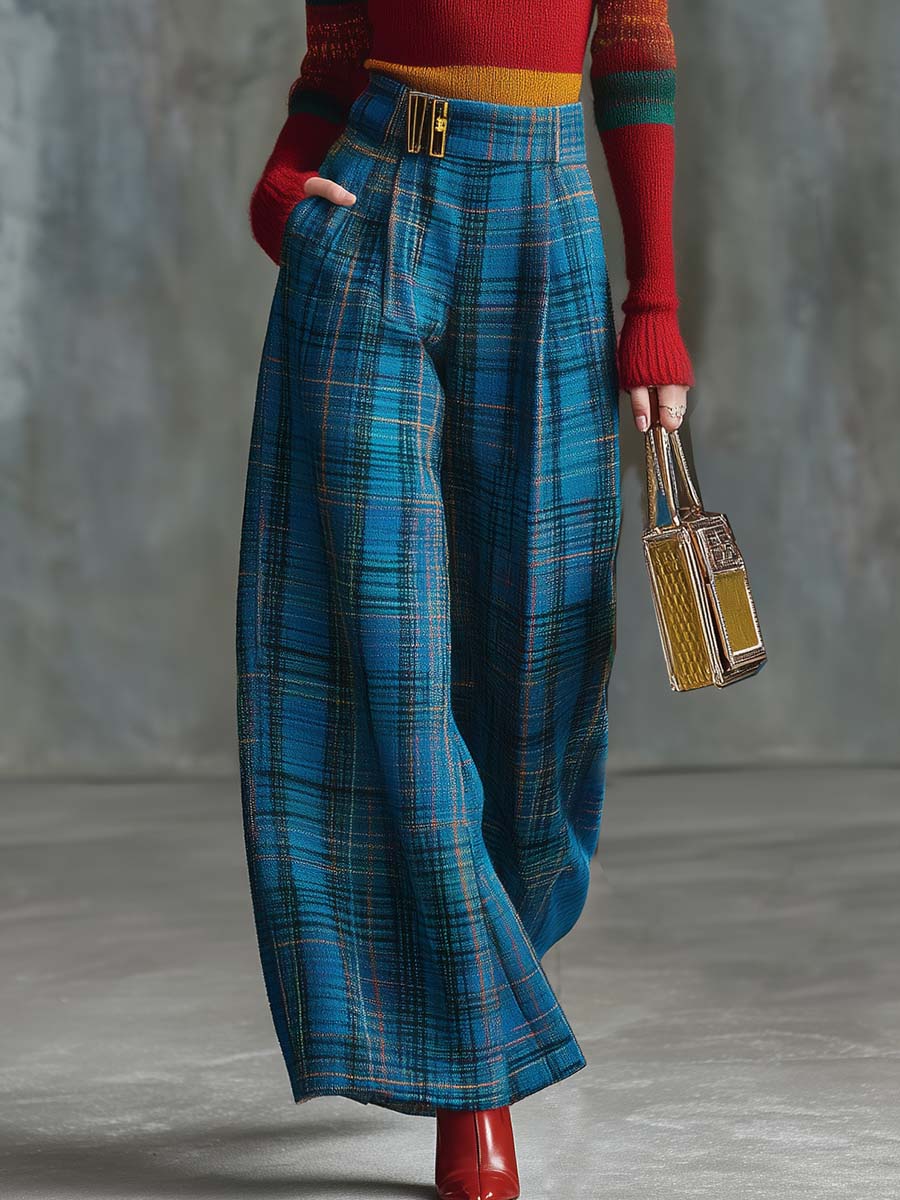 Vintage Fashion Versatile Blue Plaid Wide-leg Trousers