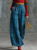 Vintage Fashion Versatile Blue Plaid Wide-leg Trousers