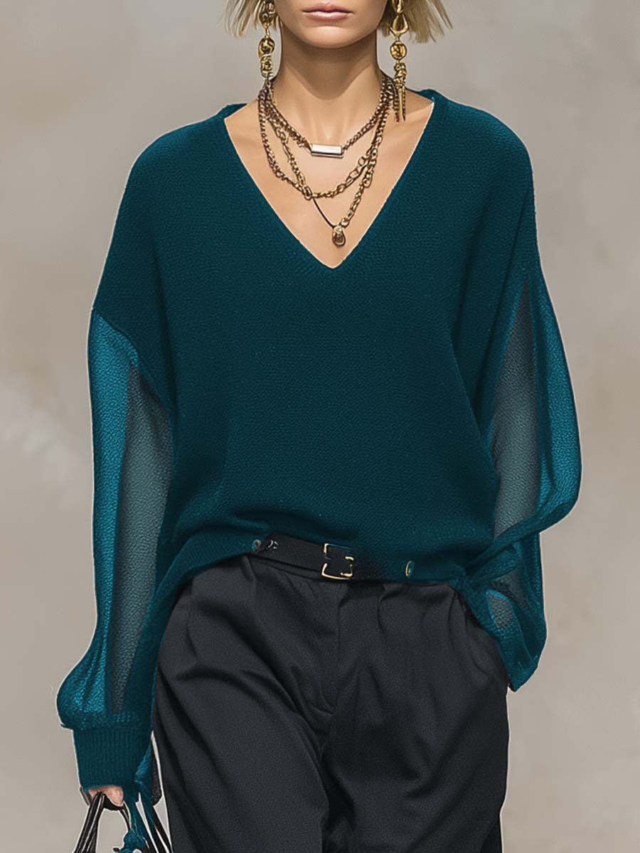 Breathable and Casual Comfortable V-neck Transparent Long-sleeved Black Knitted Blouse Top