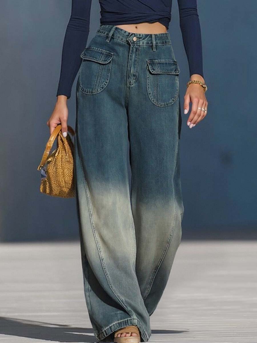Casual Fashion Gradient Washed Denim Blue Grey Loose Trousers