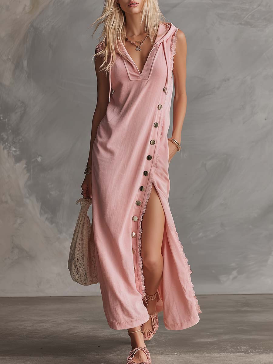 Elegant Retro Sporty Hooded V-neck Sleeveless Lace Trim Side Slits And Button Pink Cotton Midi Dress