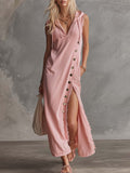 Elegant Retro Sporty Hooded V-neck Sleeveless Lace Trim Side Slits And Button Pink Cotton Midi Dress