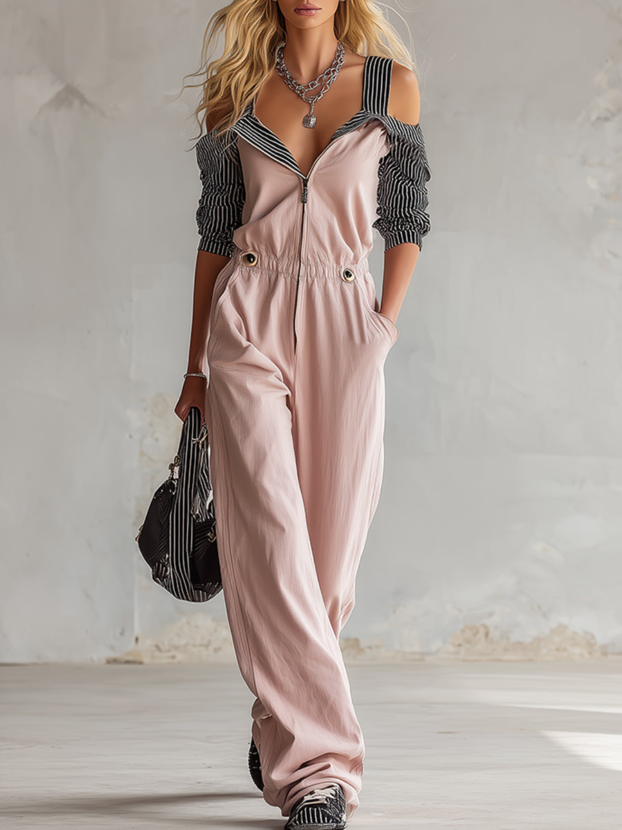 Stylish Colour-blocked Striped Sleeve Pink Cotton Jumpsuit