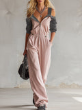Stylish Colour-blocked Striped Sleeve Pink Cotton Jumpsuit