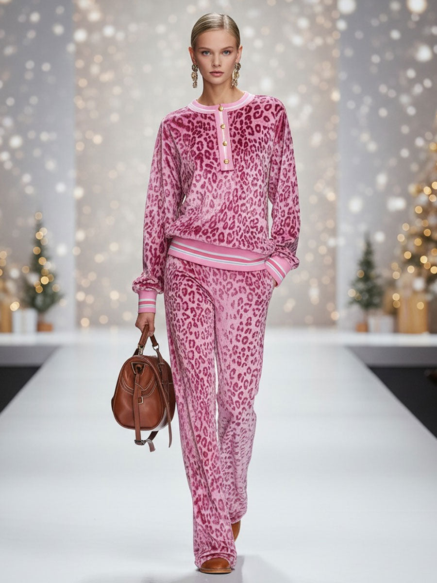 Casual Sporty Retro Pink Velvet Leopard Print Sweatshirt and Wide-Leg Trousers Set